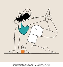 An illustration of a woman practicing yoga pose, with a mat underneath and a bottle of essential oil nearby, promoting wellness and relaxation.