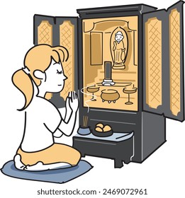 An illustration of a woman praying at a Buddhist altar.