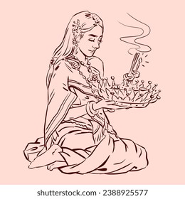 Illustration of a woman praying with Krathond vector for card, decoration, illustration