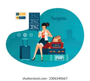 Illustration of Woman preparing for vacation. girl sitting on a suitcase casually buying tickets at a discount. for website, web, poster