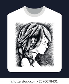 illustration of a woman in profile in black ink for printing on a white shirt