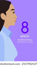 Illustration of a woman in profile wearing a blue shirt on a purple background, symbolizing strength, empowerment, and celebration for International Women’s Day, March 8.