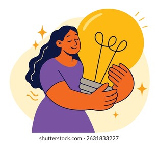 Illustration of a woman in purple embracing a giant glowing lightbulb with twinkling stars, symbolizing inspiration, breakthrough ideas, and positive energy.