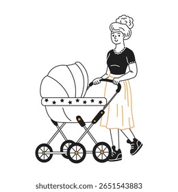 Illustration of a woman pushing a baby stroller in a minimalist design. She looks content and stylish. Black, white, and orange colors add to the modern aesthetic.