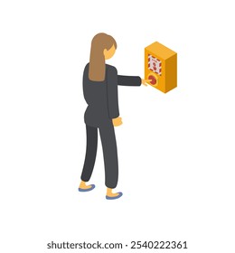 Illustration of a woman pushing an emergency stop button on a station platform. Isometric material 1.