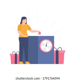 illustration of woman putting lottery paper into the draw box. follow a gambling event to get a prize. can be used for greeting cards, landing pages, UI, websites