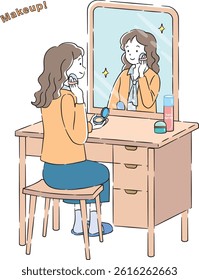 Illustration of a woman putting on makeup in front of a mirror 4C