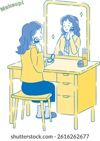 Illustration of a woman putting on makeup in front of a mirror 4C