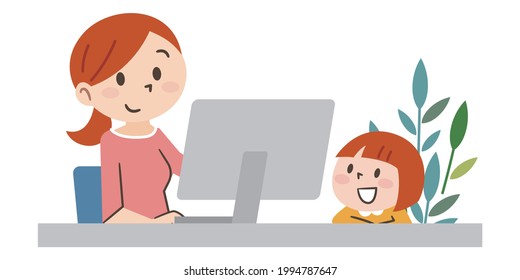 Illustration of a woman raising children while working from home