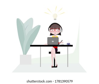 Illustration woman reading a book. Cartoon character cute girl using laptop and Online learning  concept .