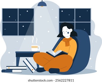 Illustration of a woman reading a book during winter. Vector flat illustration design with winter theme