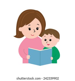 An illustration of a woman reading a book to a little boy, with a stars background and white ribbon