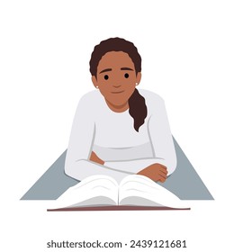 illustration of a woman reading a book lying on the floor. Flat vector illustration isolated on white background