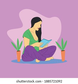 illustration of woman reading a book seriously