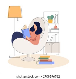 Illustration of woman reading a book sitting in armchair. Flat vector illustration