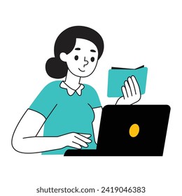 Illustration of a woman reading a book while holding a laptop