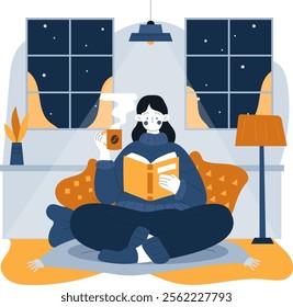 Illustration of a woman reading a book in winter. Vector flat illustration design with winter theme