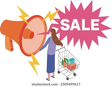 Illustration of a woman receiving news of a sale