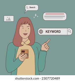 illustration of a woman recommending a search engine