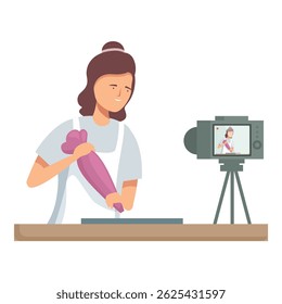 Illustration of a woman recording a cooking tutorial, making cookies with a rolling pin