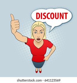 Illustration of Woman in Red Blouse Giving a Thumbs Up. Discount