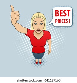 Illustration of a Woman in Red Blouse Giving a Thumbs Up. Best Prices.