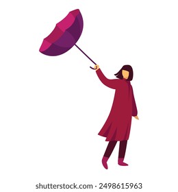 Illustration of a woman in a red coat holding a large, open purple umbrella on a windy day