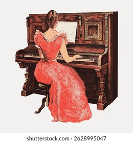 Ilustração de uma mulher com um vestido vermelho tocando um piano vintage. A mulher está sentada, focada no piano. Vestido elegante, piano vintage, mulher tocando música. Vintage personagem arte ilustração vetor.