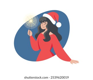 Illustration of woman in red dress and Santa hat holding sparkler. Festive celebration