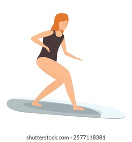 Illustration of a woman with red hair balancing on a surfboard, simulating a surfing experience