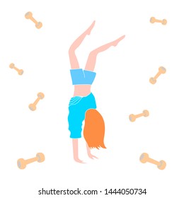 Illustration of woman with red hair in blue dress doing her headstands. Colorful background with dumbbells.