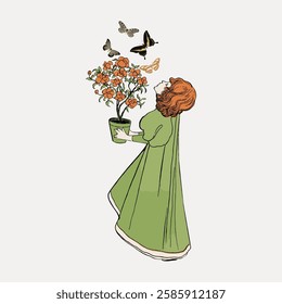 Illustration of a woman with red hair in a green dress holding a potted plant with orange flowers, surrounded by butterflies. Nature, flowers, butterflies. Vintage art illustration, vector.