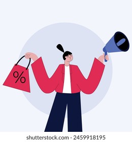 illustration of a woman in a red shirt carrying a large megaphone with a discount badge in her hand. Describes selling and advertising activities