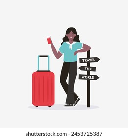 Illustration of a woman with a red suitcase, with a passport and tickets in her hands. Inscription travel the world.