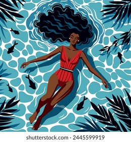 Ilustración de una mujer en traje de baño rojo flotando pacíficamente en el agua, con peces y frondas.