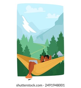 Ilustración De Una Mujer Relajándose En Una Hamaca Rodeada De Un Hermoso Paisaje De Montaña. La Imagen Transmite Una Sensación De Paz, Ocio Y Conexión Con La Naturaleza, La Relajación, Los Viajes Y El Estilo De Vida Al Aire Libre