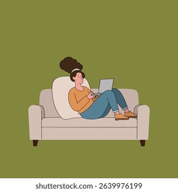 Illustration of a woman relaxing on a couch while using a laptop, set against a green background.
