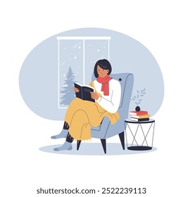 Illustration of woman relaxing reading a book in winter. Illustration for websites, landing pages, mobile applications, posters and banners. Trendy flat vector illustration