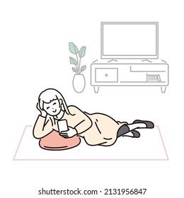 Ilustración de una mujer relajándose mientras mira su smartphone en la habitación. Vector.