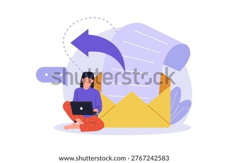 Illustration of Woman Replying to Email Message on Laptop. A woman sitting and working on her laptop to reply to an incoming email message, symbolizing efficient digital correspondence