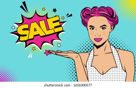 Illustration Woman Retro Style Vector With Sale Text