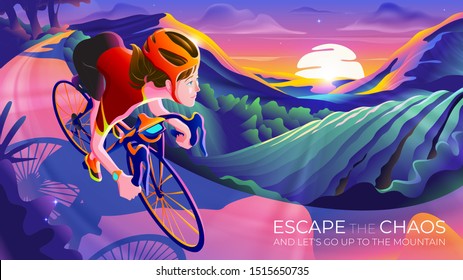 An illustration of a woman riding a bicycle up to the mountain with the sunrise at horizon. Escape the chaos.