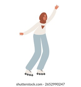 Ilustração de uma mulher patinação. Ela usa um top branco, jeans azul claro e patins. Os braços dela são erguidos de emoção. Ilustração de vetor plano.