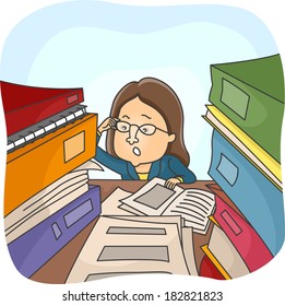 Illustration of a Woman Rummaging Through Stacks of Files