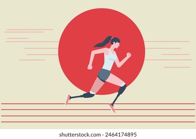 Illustration of a woman running competition with leg prostheses in a blue tank top and blue shorts. Running athlete flat design illustration.