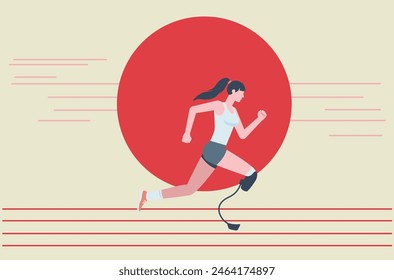 Illustration of a woman running competition with leg prostheses in a blue tank top and blue shorts. Running athlete flat design illustration.