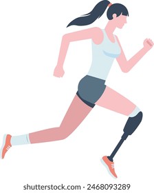 Illustration of a woman running competition with leg prostheses in a blue tank top and blue shorts. Running athlete flat design illustration.