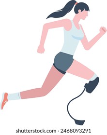 Illustration of a woman running competition with leg prostheses in a blue tank top and blue shorts. Running athlete flat design illustration.