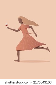 Illustration of a woman running with a glass of wine