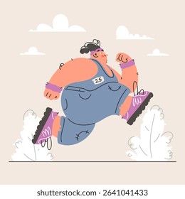 An illustration of a woman running in overalls with number 25. The artwork represents fitness, exercise, a healthy lifestyle, and body positivity.